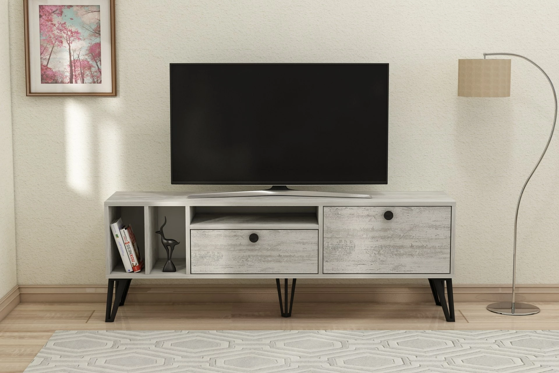 Komodë për TV Hanah Home, Aris - Crystal, ngjyrë gri dhe e bardhë