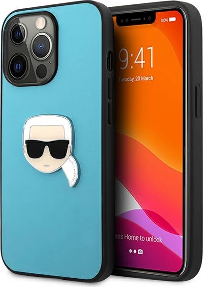 Mbështjellës Karl Lagerfeld KLHCP13XPKMB për iPhone 13 Pro Max 6.7\", hardcase lëkurë eko me emblemë metalike 3D, blu, me kuti