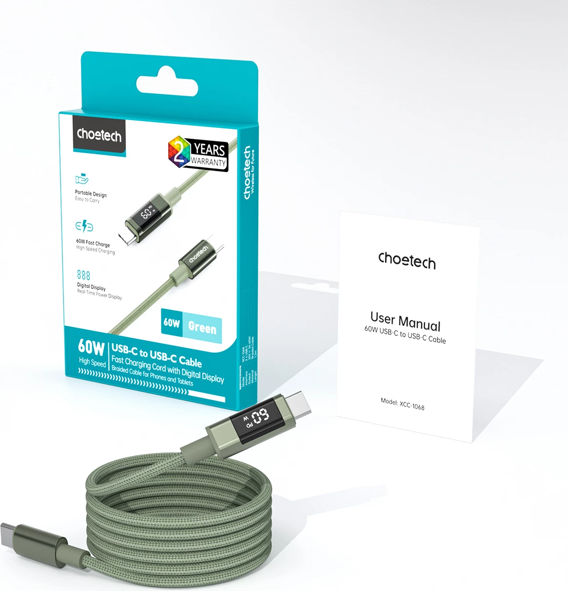 Kabllo USB-C në USB-C Choetech XCC-1068 PD 60W 1.2 m me ekran, e gjelbër, 1 copë