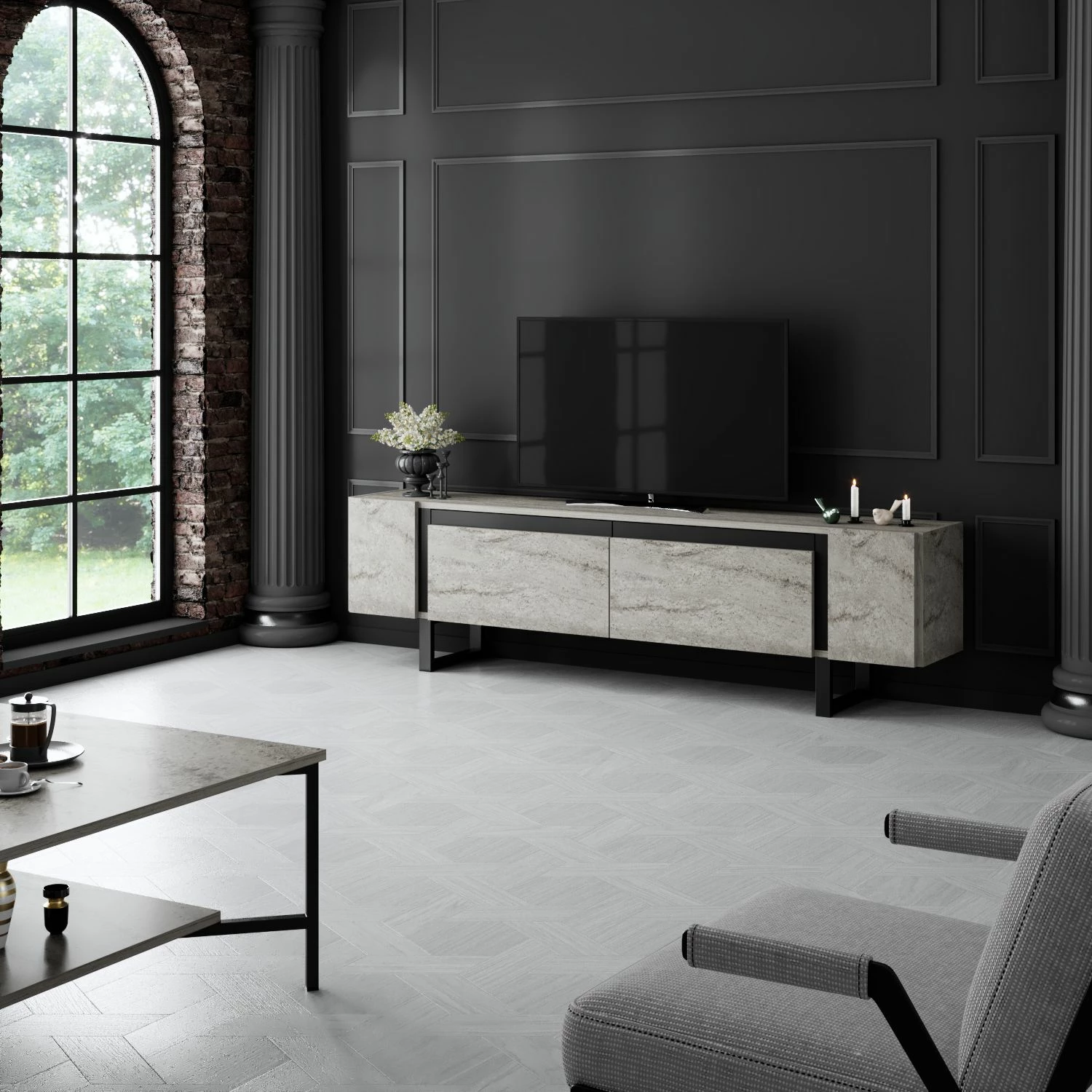 Komodë TV Hanah Home, Yildiz, travertin, e zezë