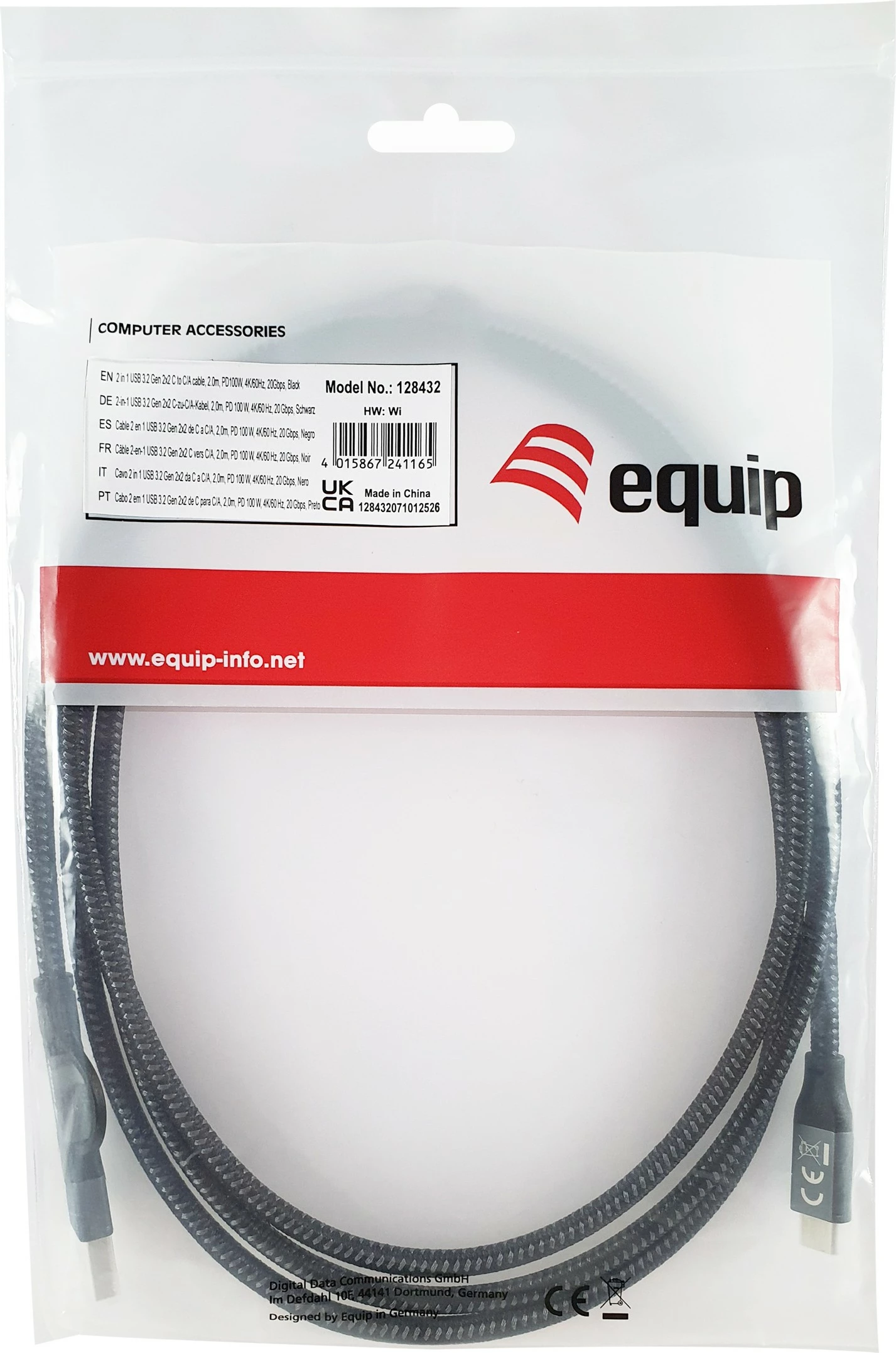 Kabllo USB-C 3.2 në USB-C/A Equip 2m, 20Gbps, e zezë