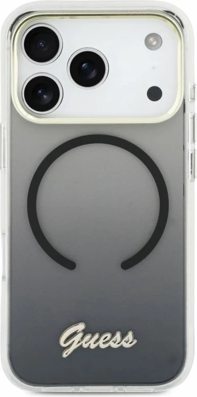 Kapak telefoni Guess IML Gradient Script Metal MagSafe për iPhone 17 Pro, i zi