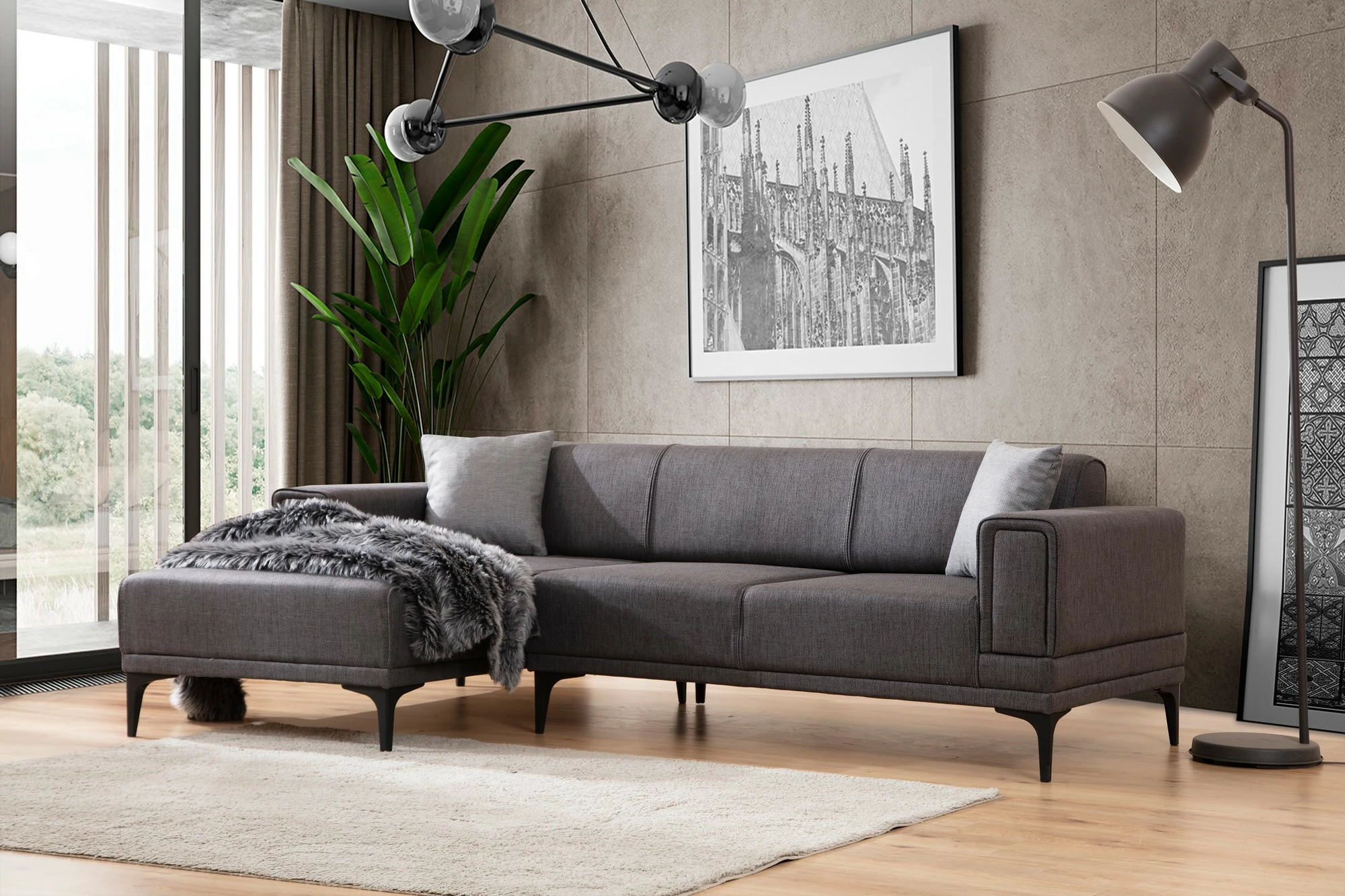 Kënd-sofë krevati Atelier del Sofa, Horizon majtas, ngjyrë gri e errët