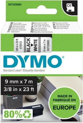 Shirit etiketa Dymo D1 9mm x 7m, bardhë