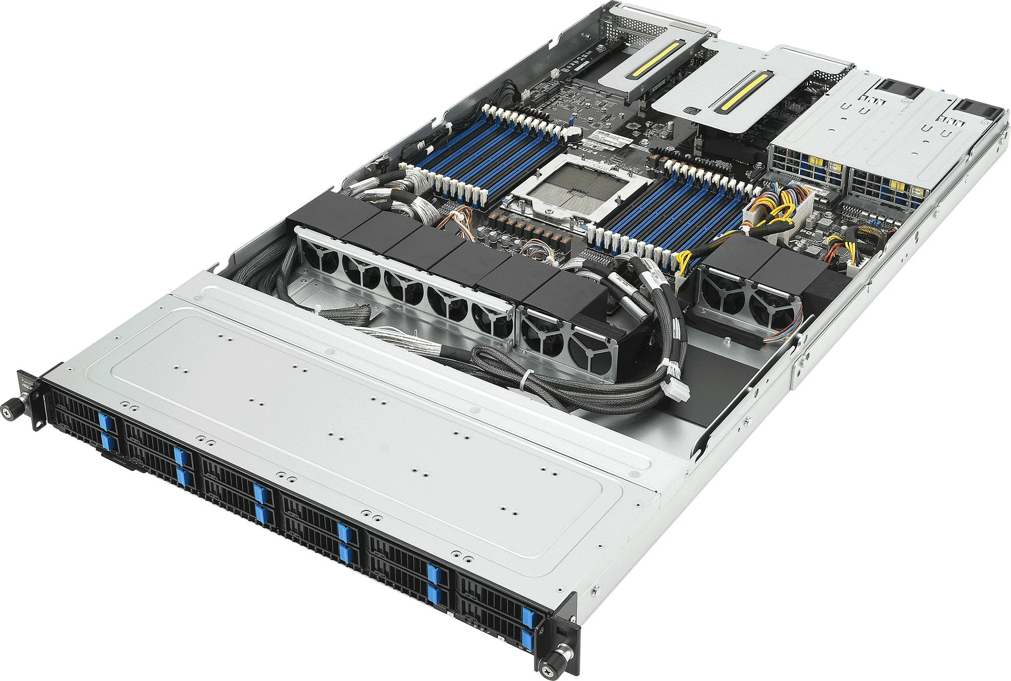 Server rack ASUS RS501A-E12-RS12U, 1U, Socket LGA6096, DDR5 deri 3TB, 12x2.5" NVMe, 2x M.2, 1600W, Zi/Argjend