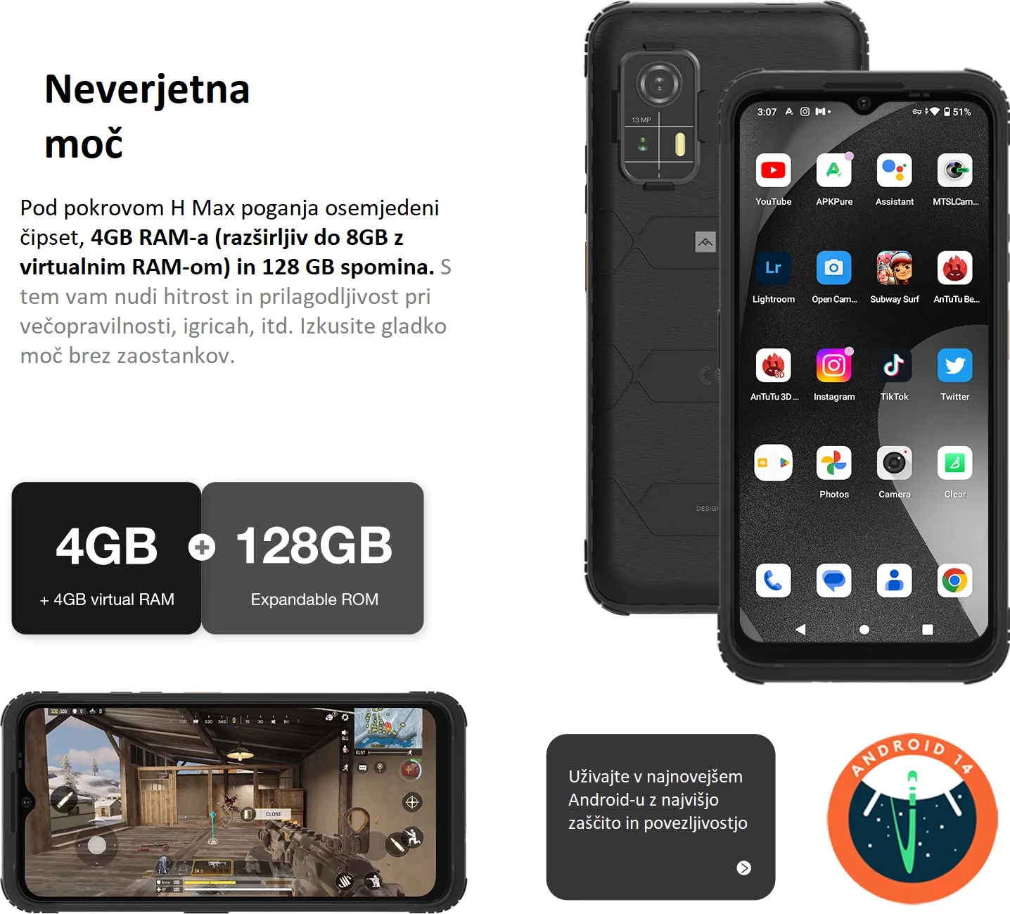 Celular AGM H Max 4GB/128GB, bateri 10,000 mAh, Android 14, ekran 6.56\" 90Hz, i zi