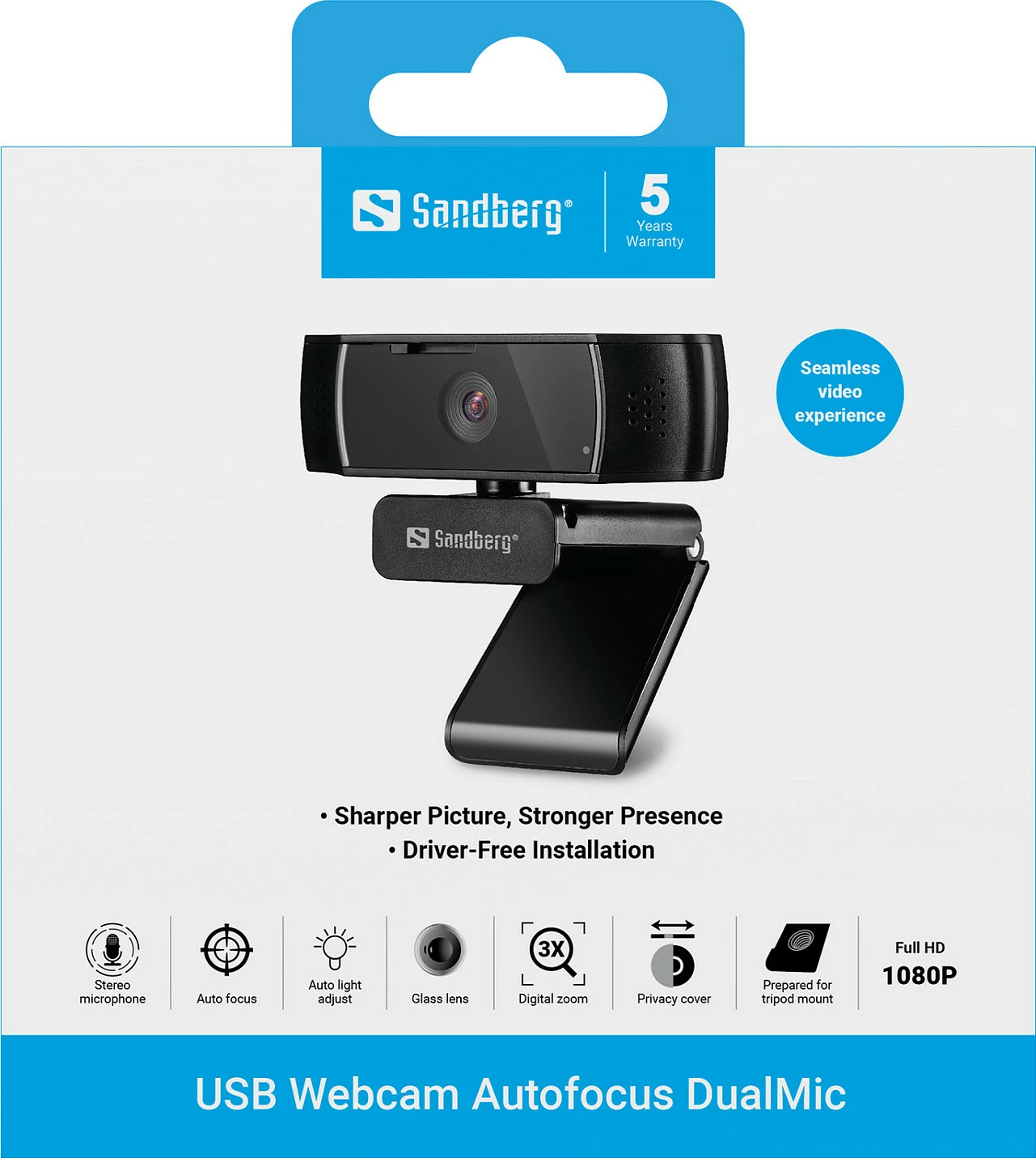 Webcam Sandberg USB Autofocus DualMic, Full HD 1080p, 30fps, me kapak privatësie, e zezë