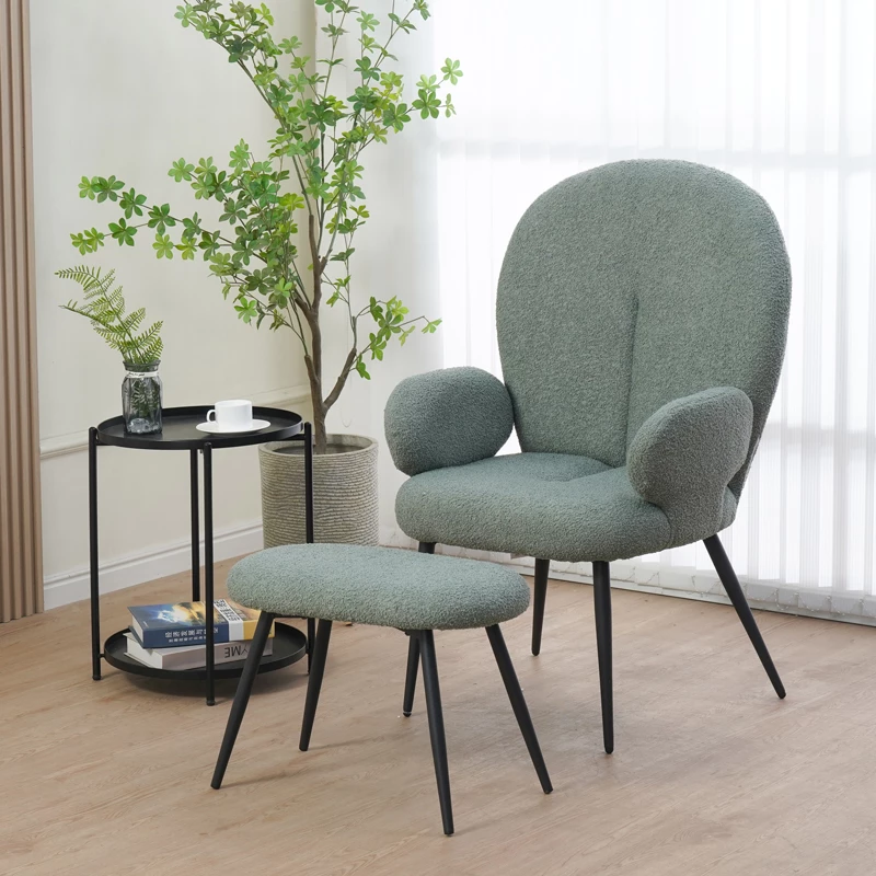 Karrige me këmbë për këmbë Qarar, stof boucle, ngjyrë e gjelbër e çelur, këmbë metalike të zeza, 67.5x67.5x106cm