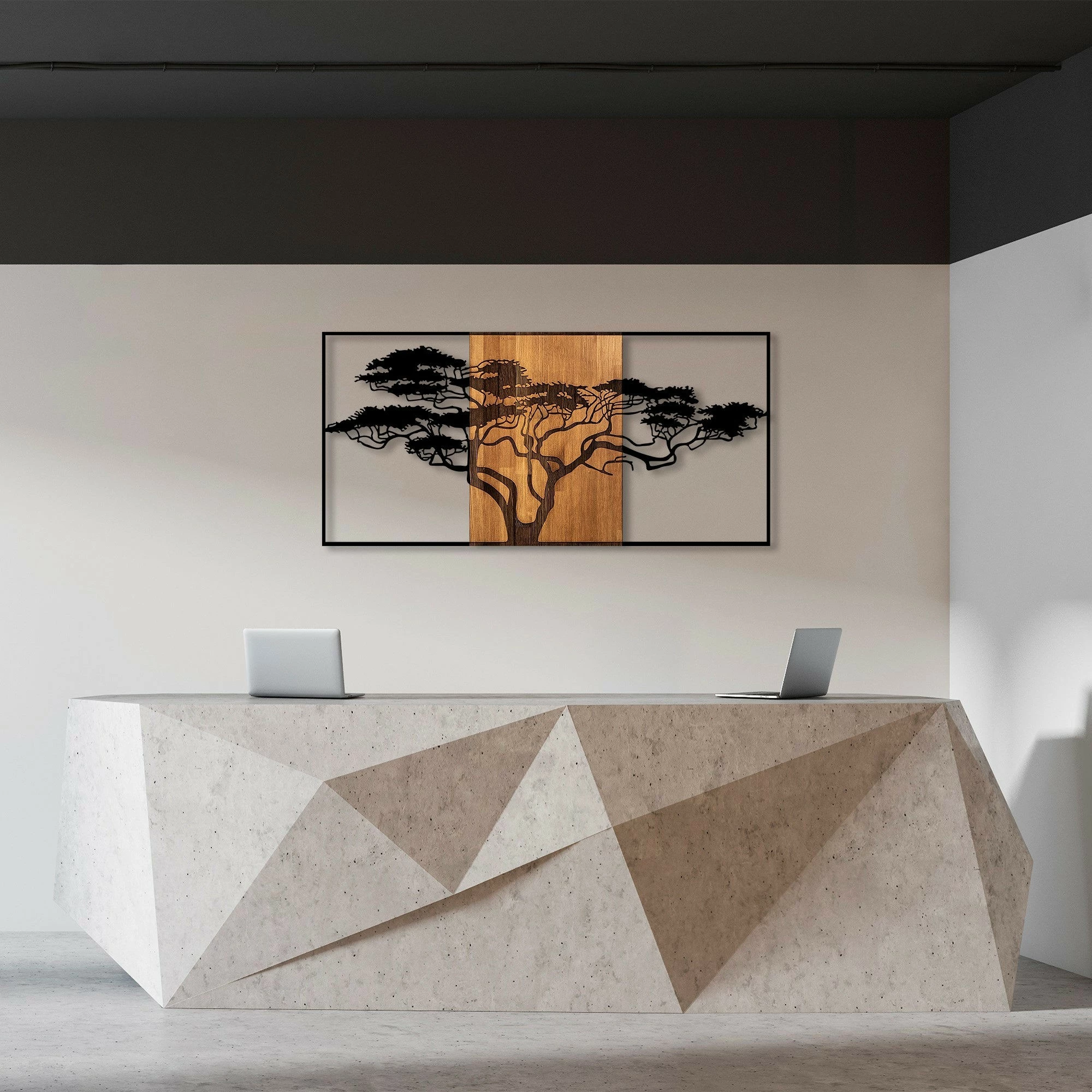 Aksesor dekorativ për mur, dru dhe metal, dizajn peme akacie, ngjyrë e zezë dhe arre, 147x3x70 cm