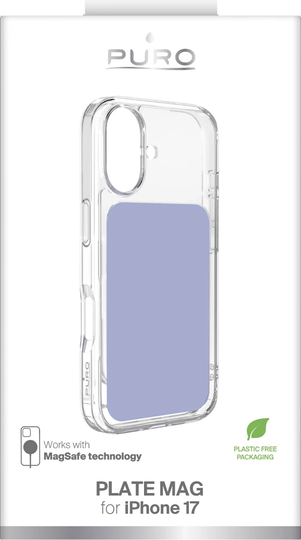 Mbështjellës Puro Plate Mag për iPhone 17, MagSafe, PU, transparent/vjollcë