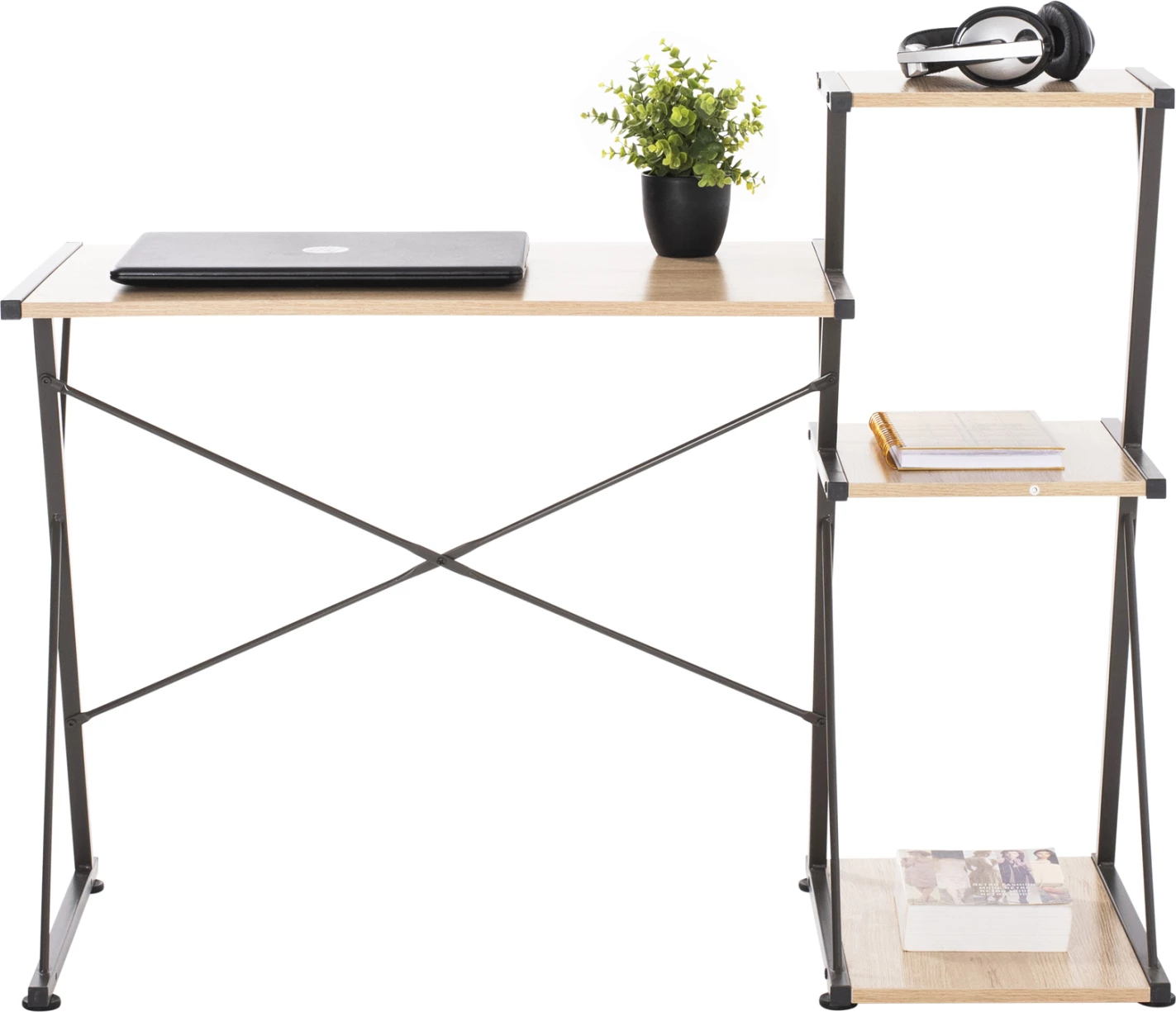 Tavolinë zyre FH9317, ngjyrë metalike e zezë me sipërfaqe tavoline MDF ngjyrë lisi, 116x48x89.5 cm