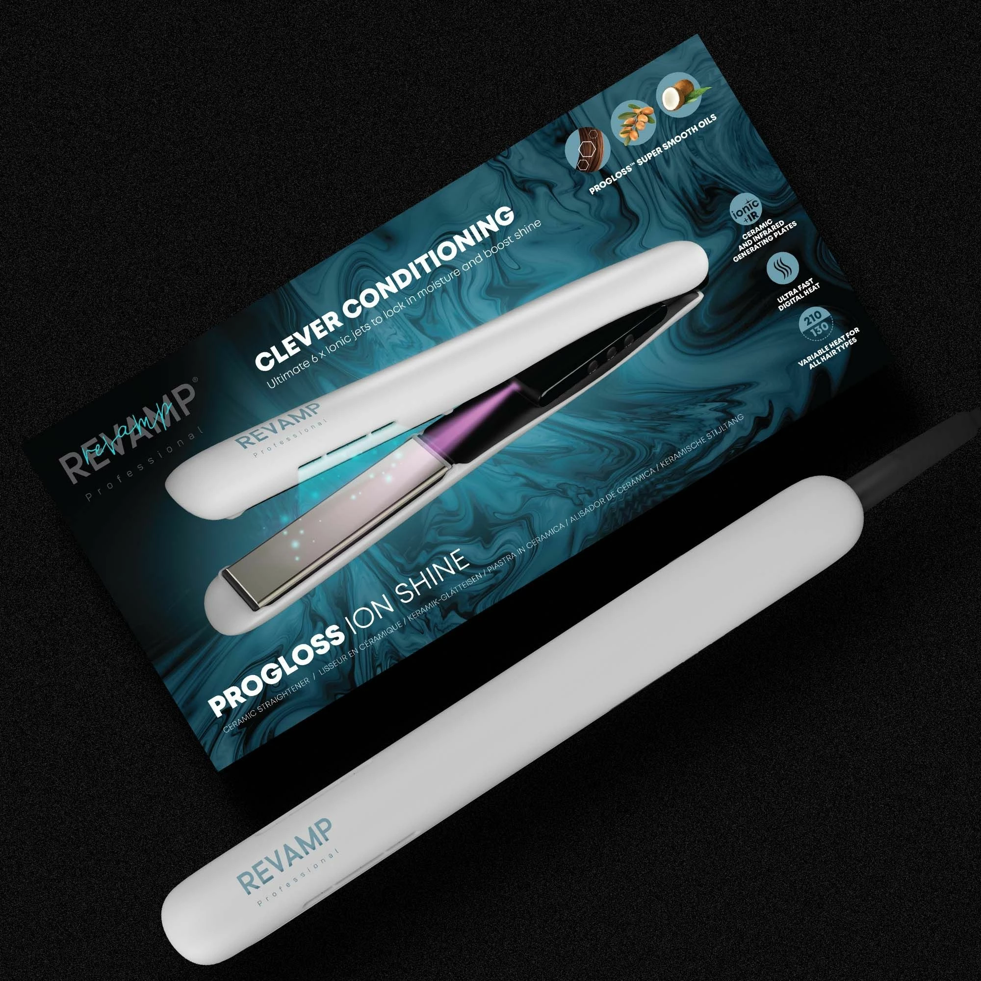 Hekur për flokë Revamp Progloss Ion Shine ST-1850, 130–210°C, teknologji infrared & ionike, e bardhë, me mat silikoni