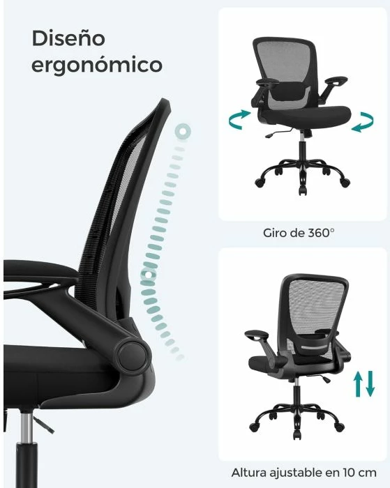 Karrige zyre SONGMICS OBN37BKV2 ergonomike me rrjetë, rrotulluese, ulëse 53 cm, mbështetje lumbare, mbështetëse krahu të palosshme, e zezë
