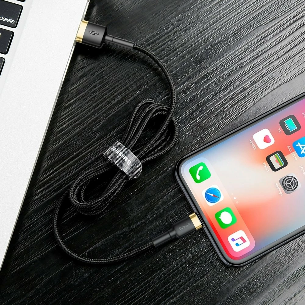 Kabllo Baseus Cafule CALKLF-RV1 USB-A në Lightning, 3m, 2A, QC 3.0, e zezë/artë