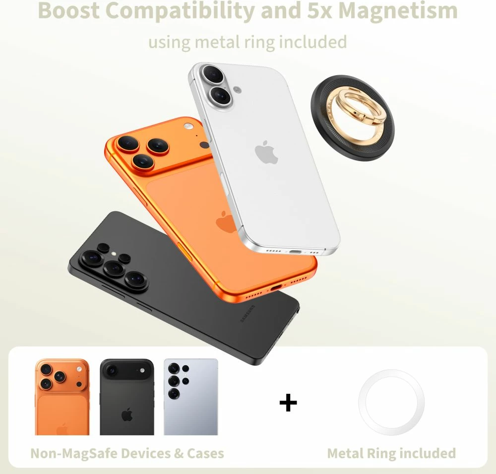 Mbajtës magnetik MagSafe për celular Tech-Protect MMR700 Lamano, rrotullim 360°, unazë me funksion stand, zi/ari, 1 copë