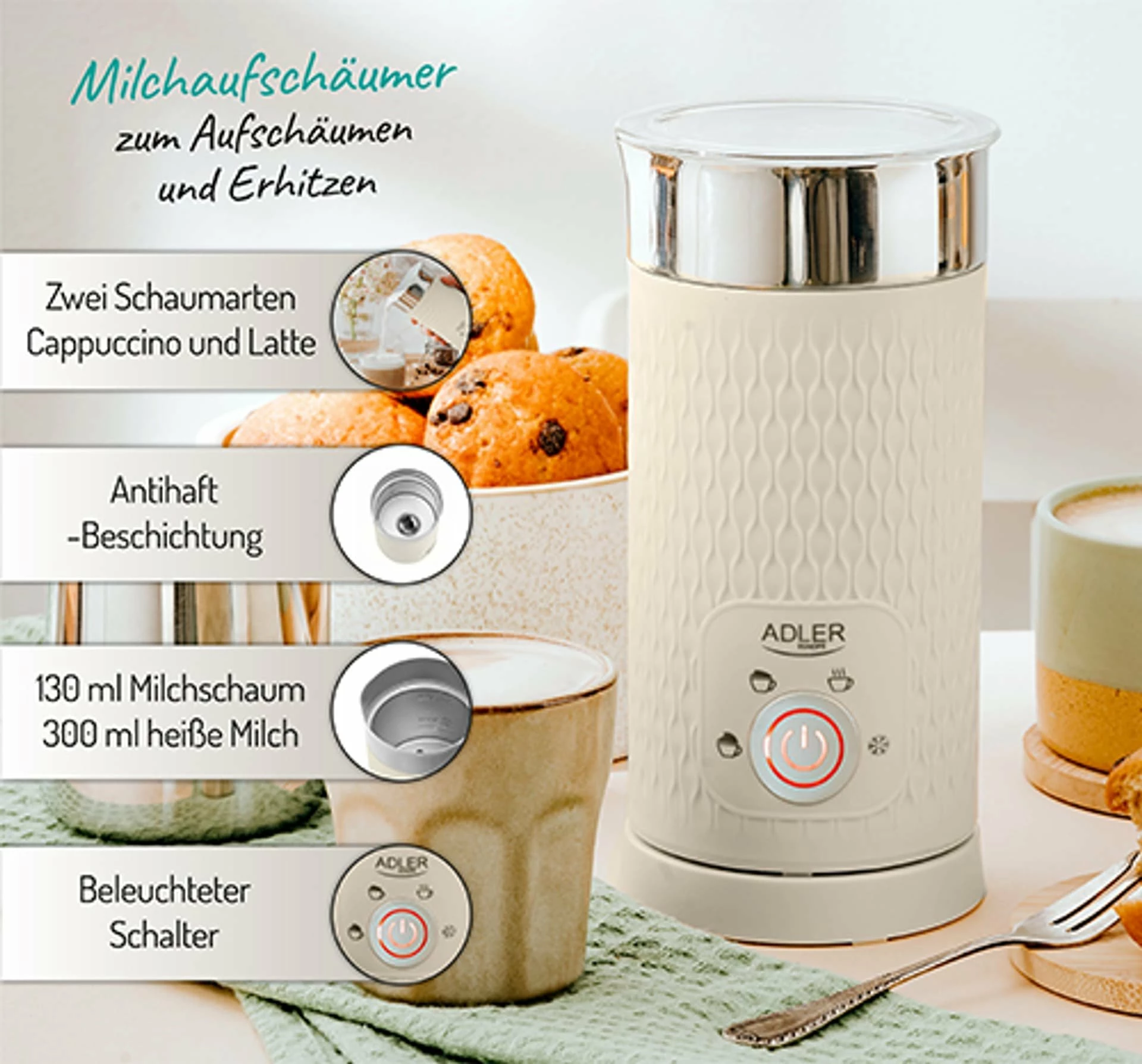 Shkumëzues qumështi Adler AD 4495 500W, me ngrohje, 300 ml/130 ml, krem