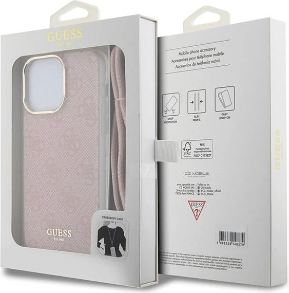Mbështjellës Guess Crossbody Cord 4G Print për iPhone 15 Pro, Rozë
