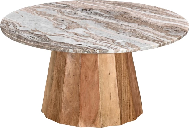 Tavolinë kafeje Ezerdian, dru akacie i fortë, ngjyrë natyrale, sipërfaqe mermeri, D90x45cm