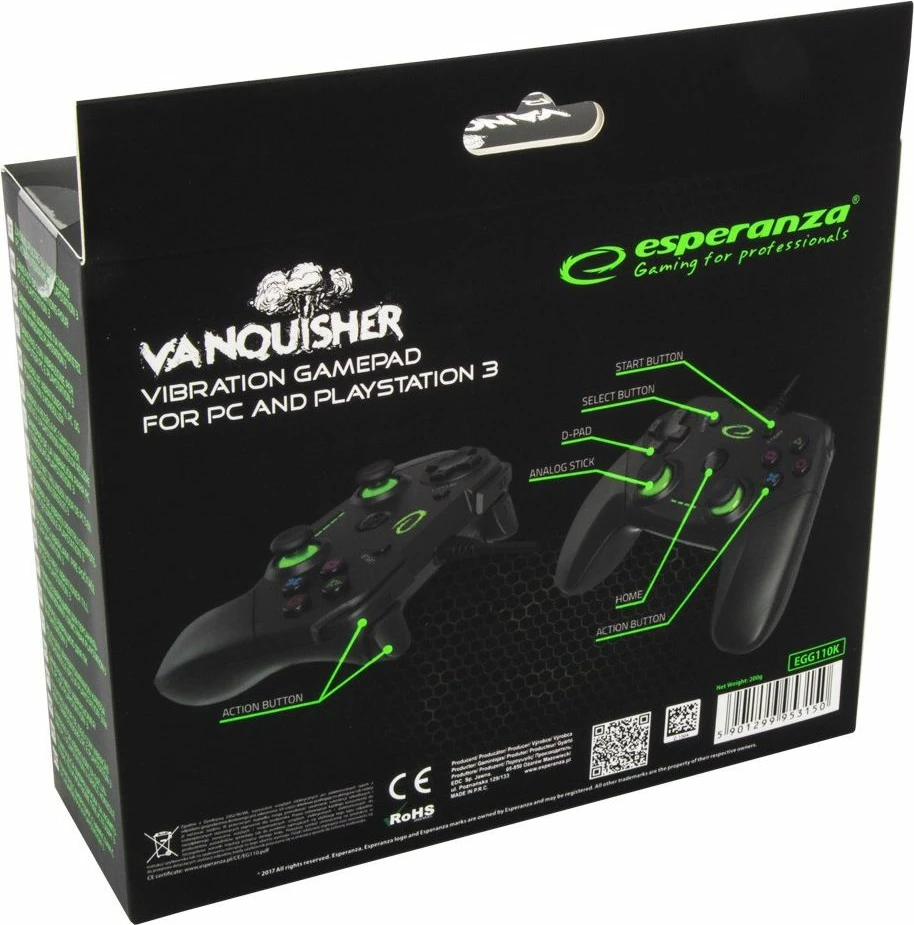Gamepad Esperanza Vanquisher EGG110K, me kabllo 1.5 m, për PC/PS3, vibrim, i zi