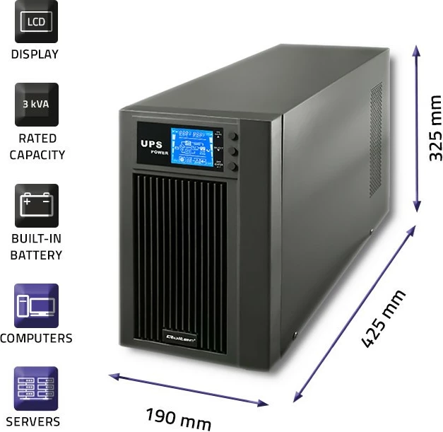 Kasë UPS Qoltec 53043, online, 3KVA, 2.4kW, LCD, USB, e zezë