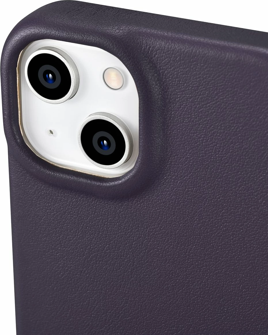 Mbështjellës iCarer CE Premium lëkurë, për iPhone 14 Plus, MagSafe, vjollcë e errët