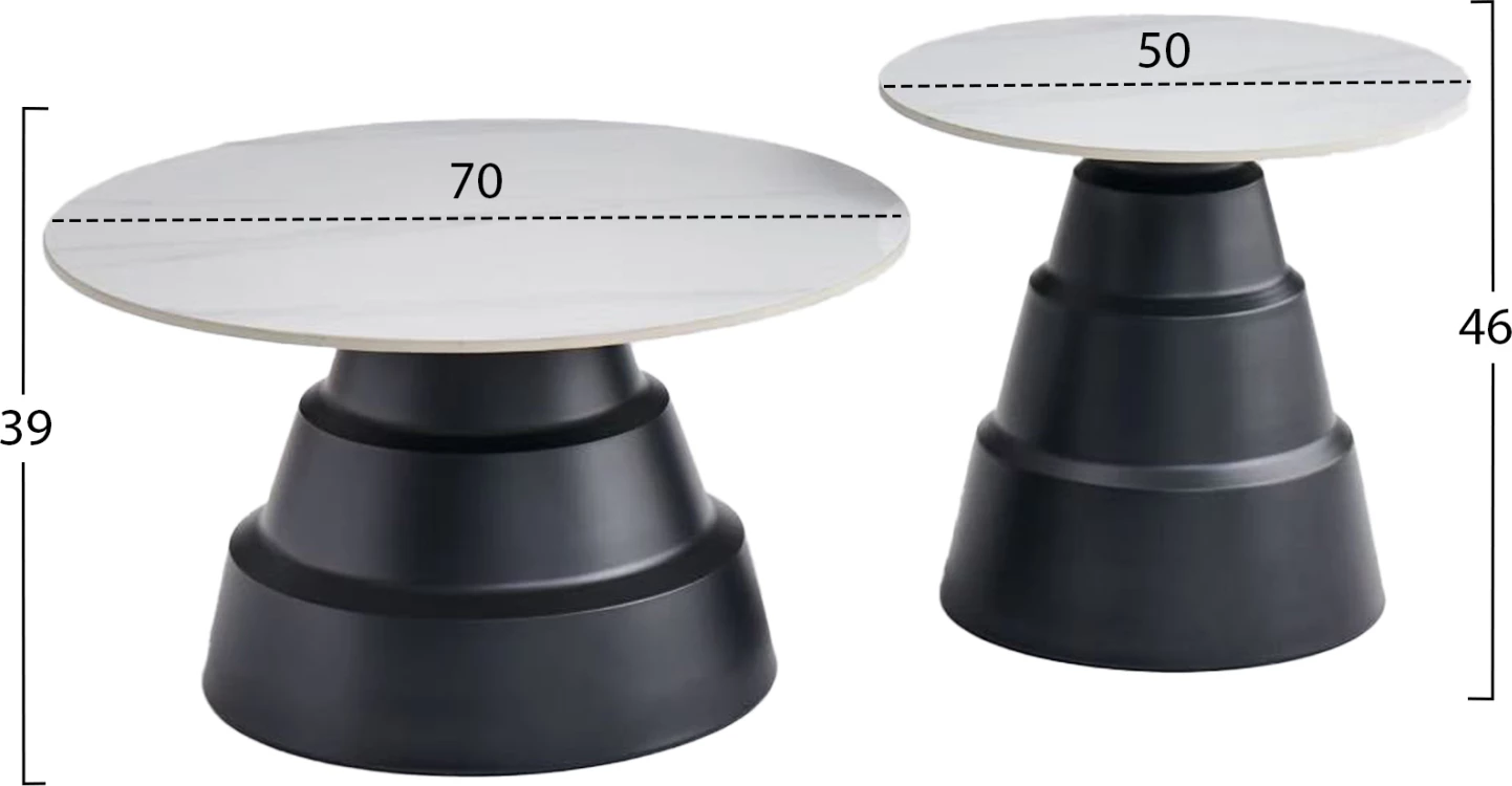 Set 2 tavolina kafeje LIDOX, sipërfaqe prej guri të sinterizuar, ngjyrë e bardhë dëbore, FH18306.02, Φ50cm & Φ70cm