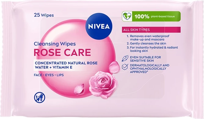 Faciale për femra Nivea Rose Care Cleansing Wipes 3in1, 25 copë