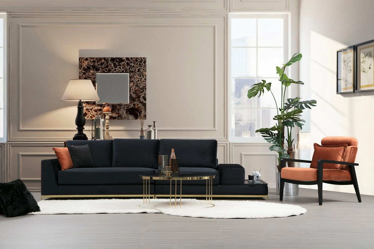 Divan katër vendesh Atelier del Sofa, me tavolinë anësore, ngjyrë e zezë, detaje ari