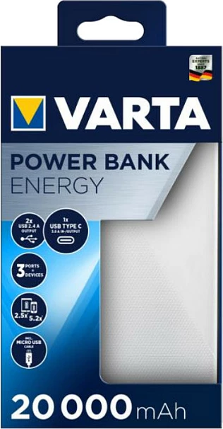 Powerbank VARTA Energy 20000, 20000 mAh, 3 porta USB, bardhë/zi