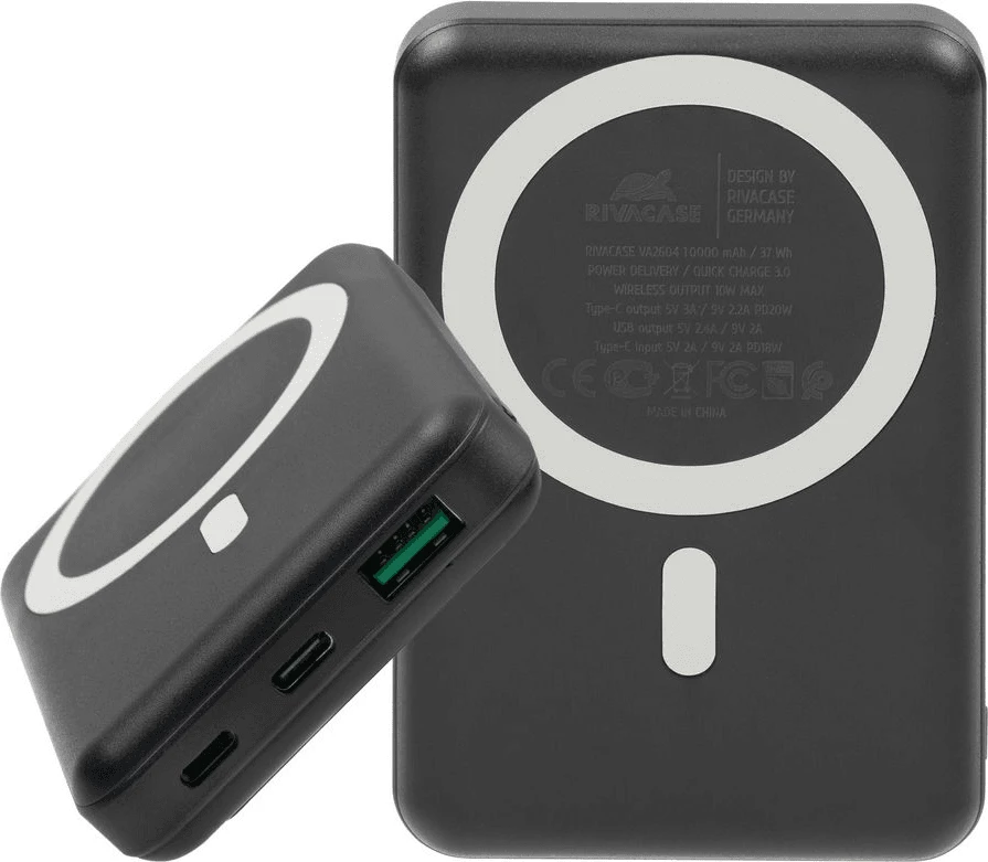 Powerbank magnetik MagSafe RIVACASE VA2604 10000mAh 20W Qi 15W me mbajtëse, e zezë