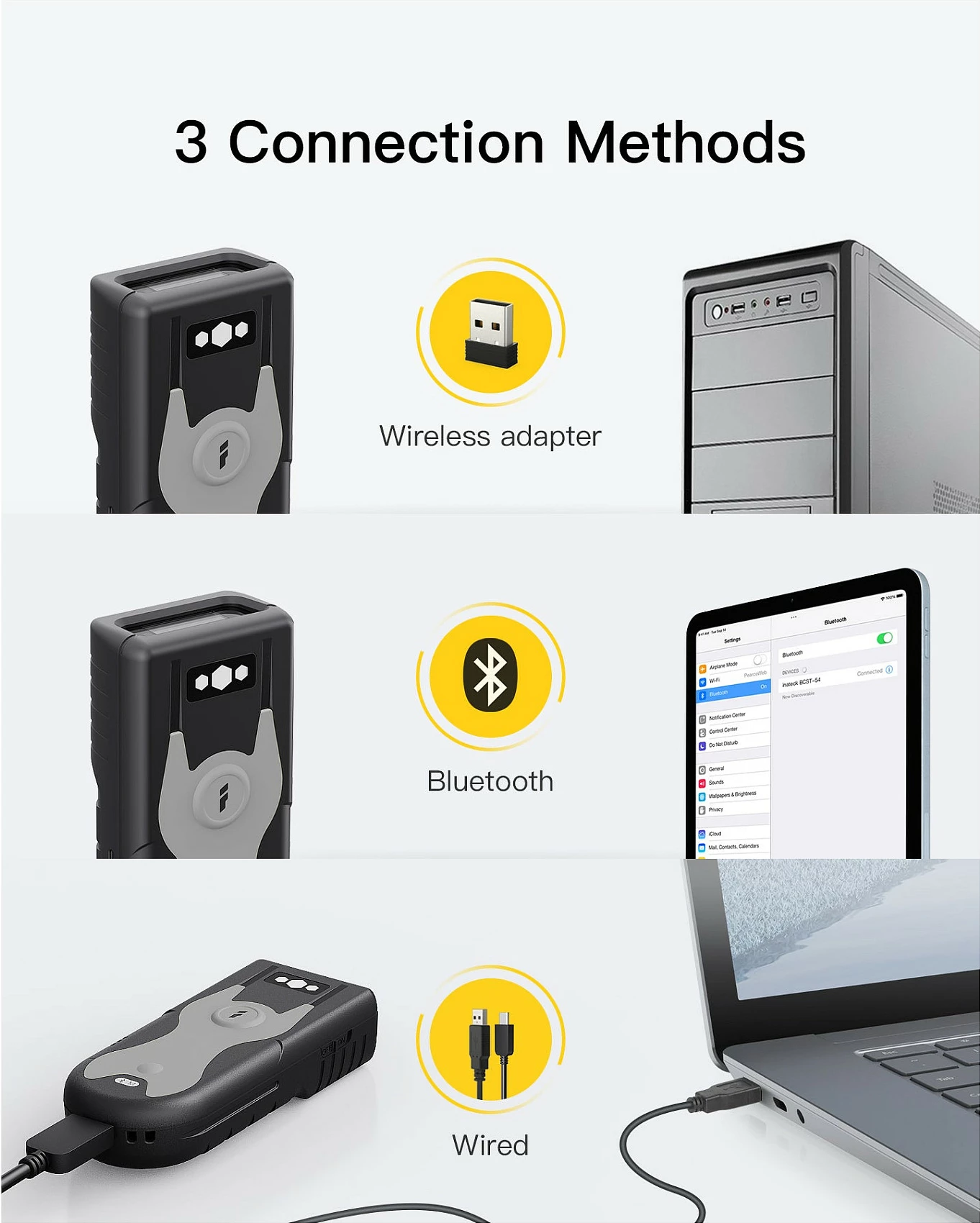 Skaner barkodi Inateck BCST-43, 1D, Bluetooth 5.0, USB/2.4G, 1200mAh, i zi/jeshil/gri