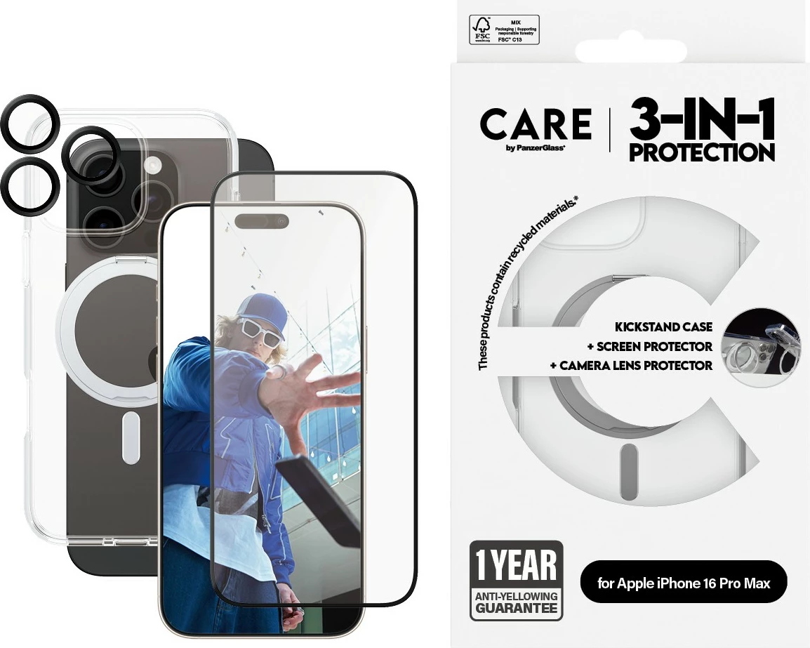 Mbështjellës PanzerGlass CARE 3-in-1 për iPhone 16 Pro Max, transparent