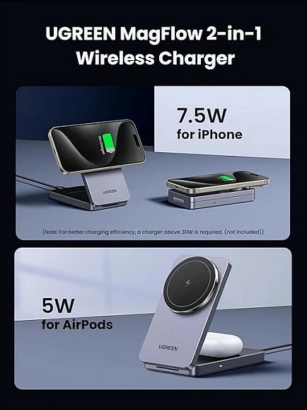 Karikues wireless magnetik Ugreen W528 2-në-1, Qi, i palosshëm, gri