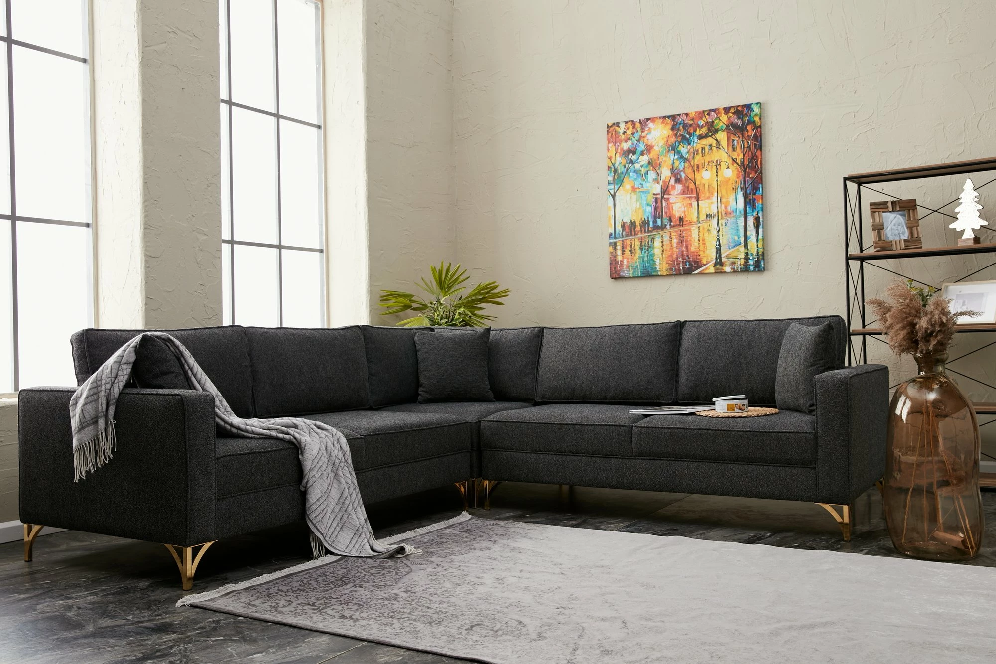 Këndare Atelier del Sofa, ngjyrë antracit, detaje ari