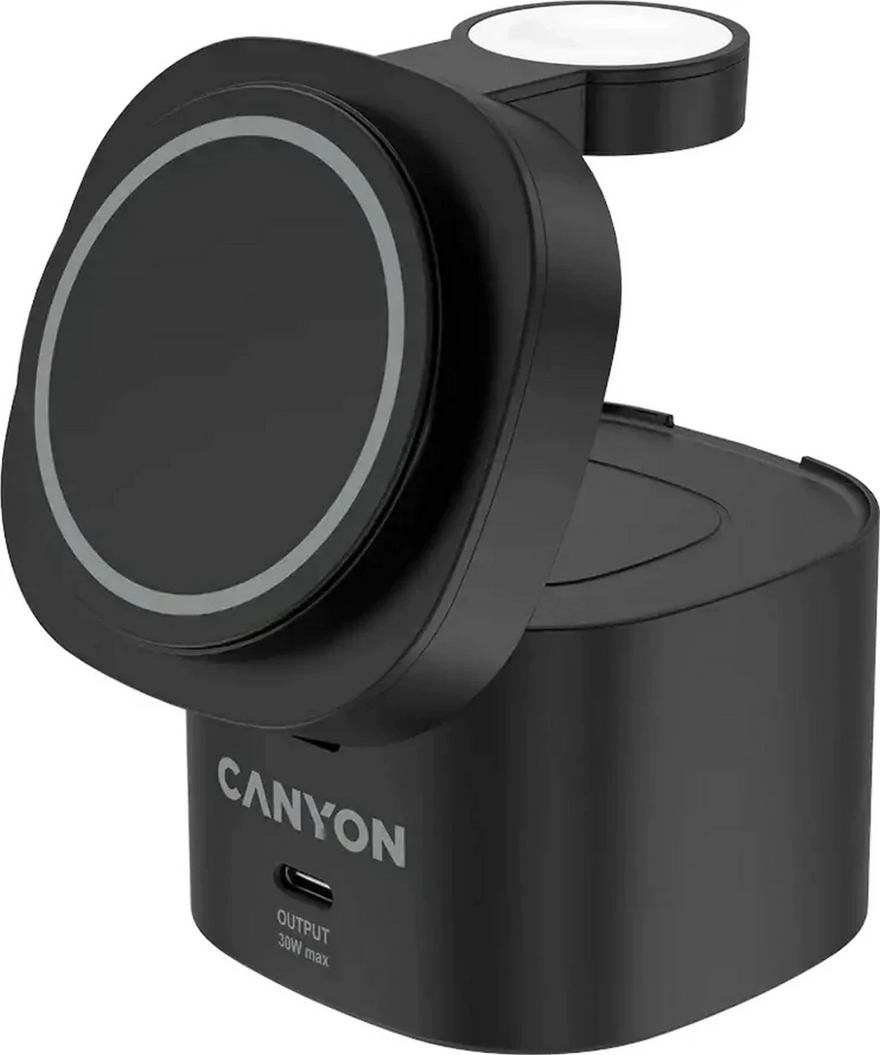 Stacion karikimi pa kabllo Canyon 4w1 30W, Qi2/USB-C, me adapter 65W, i zi