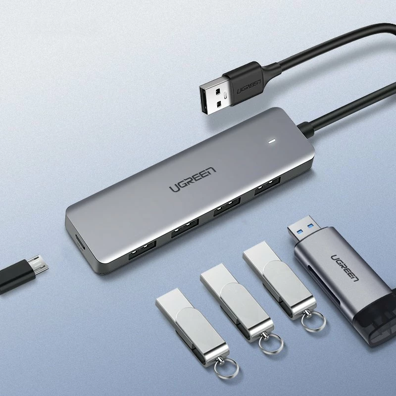 Kasë USB HUB Ugreen CM219 50985, 4x USB 3.2 Gen 1, me port micro USB për rrymë, Gri