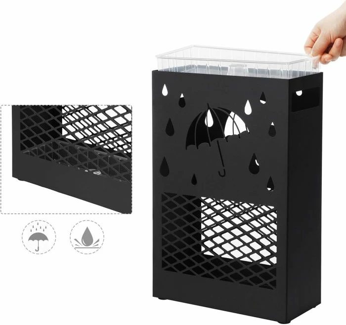 Mbajtëse ombrelle metalike SONGMICS LUC004B01, drejtkëndore 28×12×41 cm, me tabakë pikuese të heqshme, 4 grepa, e zezë