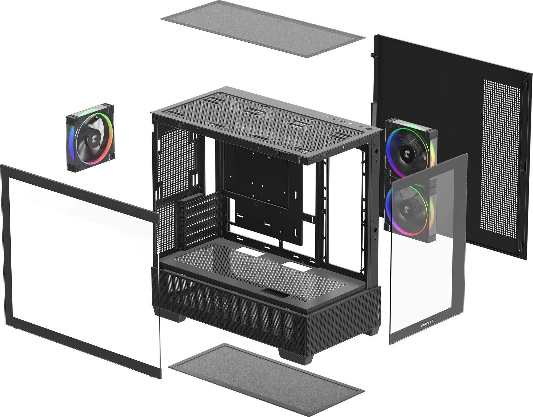 Kasë Deepcool CG380 3F Micro-ATX/ITX, xham i temperuar panoramik, 3x 120mm PWM ARGB, USB-C, pa PSU, e zezë