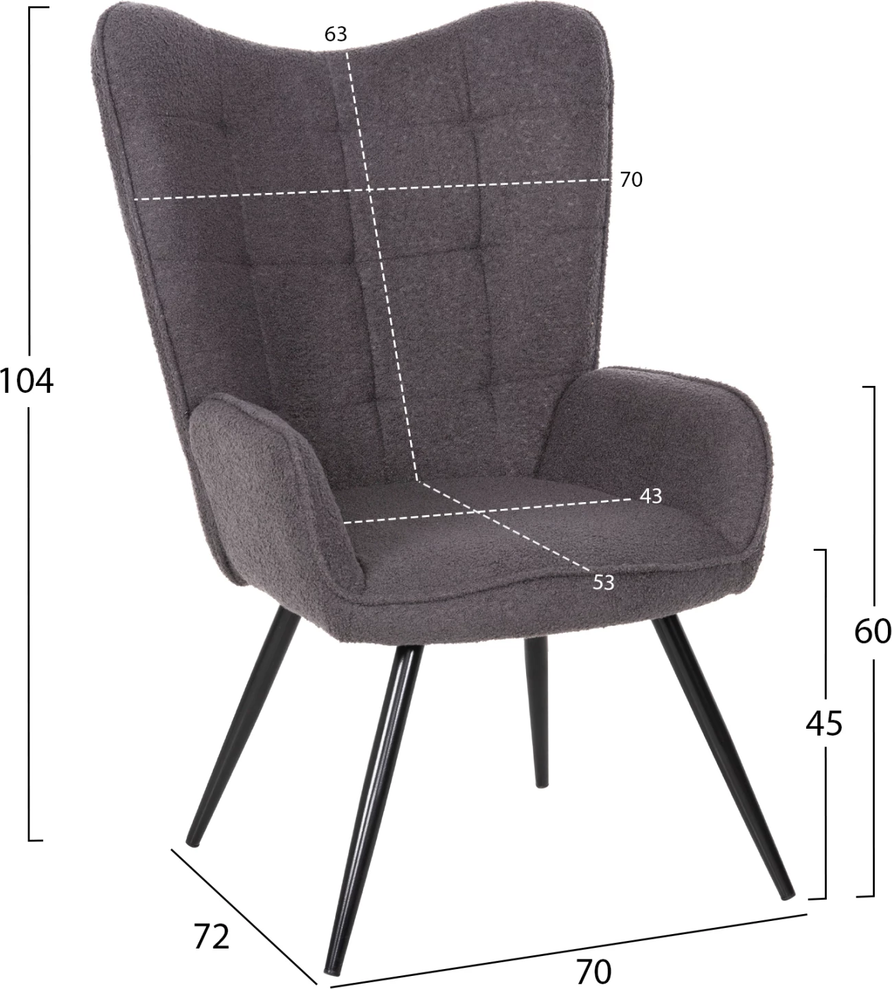 Fotelje CRAWLEY me tabure FH8918.21, pëlhurë boucle gri, këmbë metali të zeza, 70x74x105Hcm