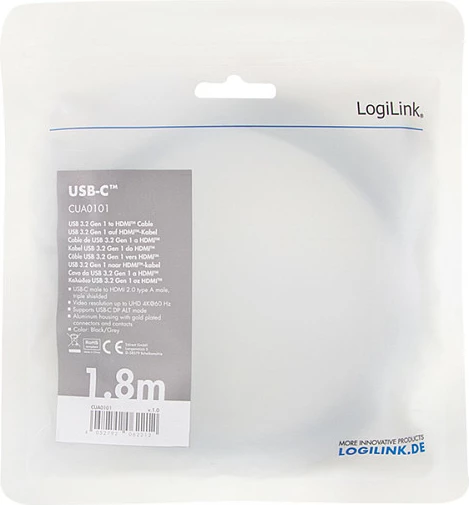 Kabel USB-C LogiLink 3.2 Gen1 në HDMI, 4K, 1.8 m, alumini, gri