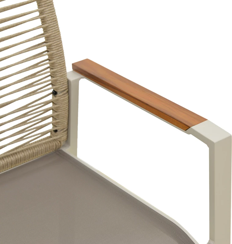 Karrige me krahë e grumbullueshme Aegean, alumin, litar krem, doreza teak, 57x64x87cm