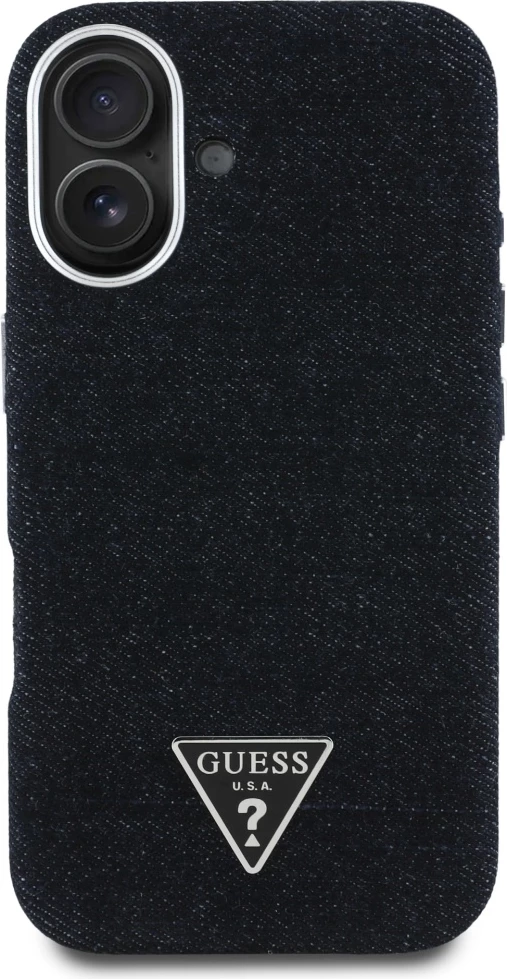 Mbështjellës Guess Denim Triangle Logo MagSafe për iPhone 16, i zi