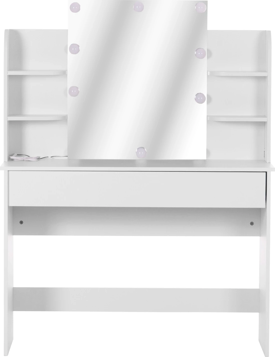 Tavolinë për grim me LED, rafte dhe sirtarë, ngjyrë e bardhë, LAURYN FH2502.03, 101.8x40x139.5H cm