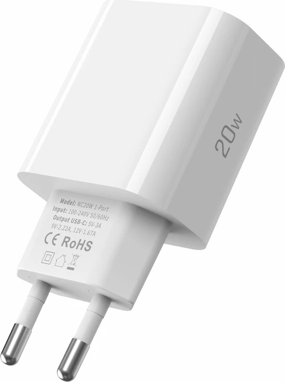 Karikues muri Tech-Protect NC20W me USB-C, 20W, me kabllo USB-C, Bardhë