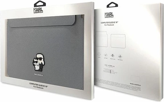 Mbështjellës Karl Lagerfeld Saffiano Karl&Choupette për laptop 16", argjendtë