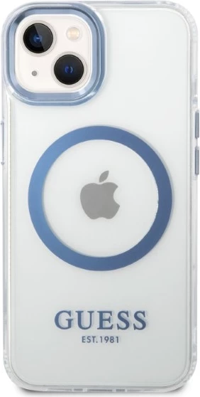 Mbështjellës Guess Metal Outline MagSafe për iPhone 14 Plus/15 Plus, Kaltër/Transparent