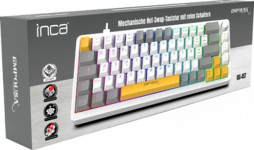 Tastierë gaming INCA, 65%, mekanike Red Switch, RGB, USB-C, QWERTY DE, 2m, e bardhë