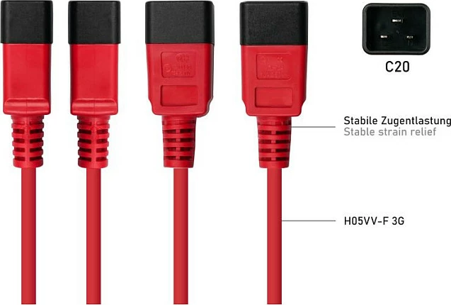 Kabllo zgjatëse rryme Kabelmeister C20 në C19, 2 m, e kuqe
