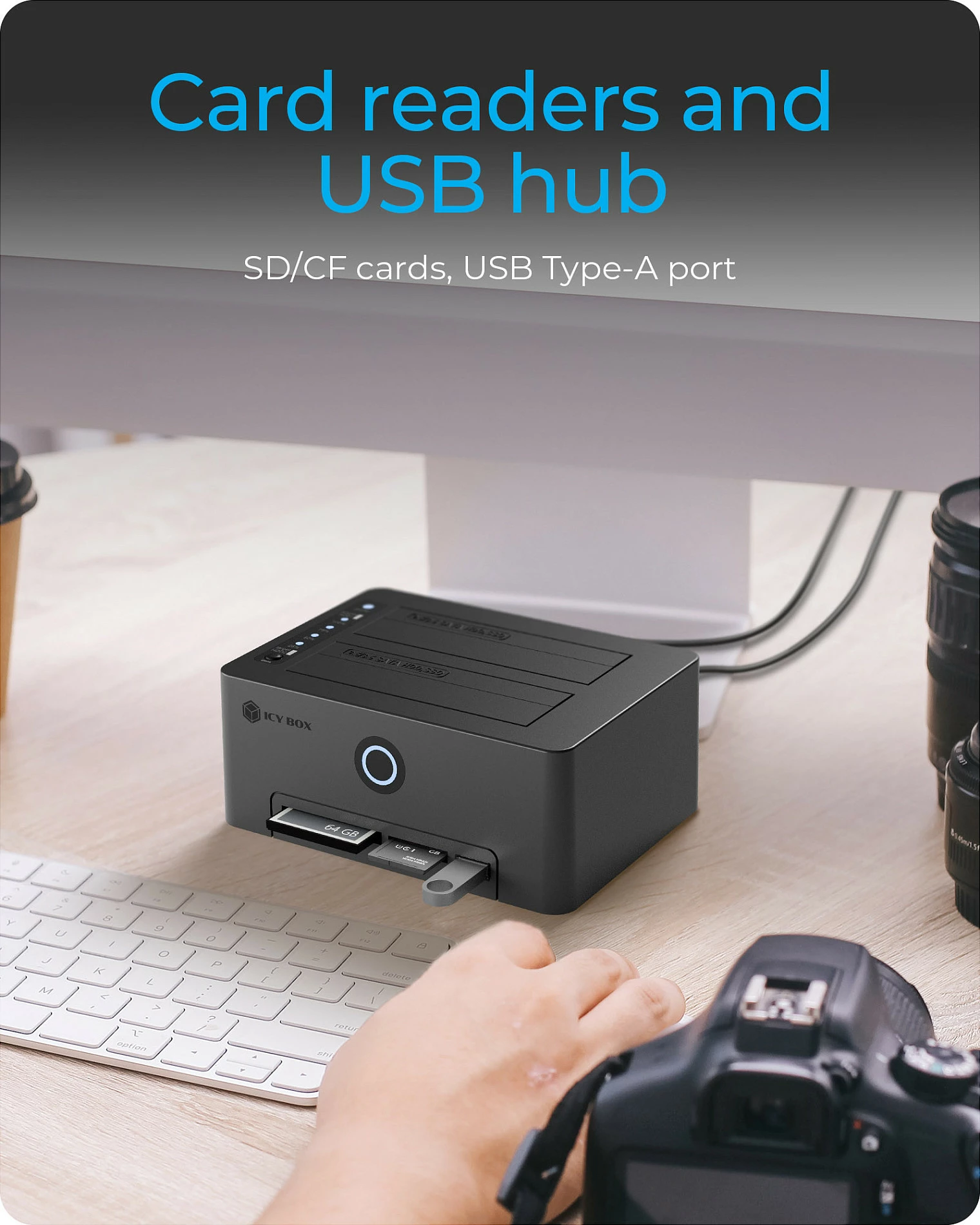 Docking stacion ICY BOX IB-1233CL-CR, USB 3.2 Gen1, për 2x HDD/SSD 2.5/3.5", me lexues kartelash, i zi