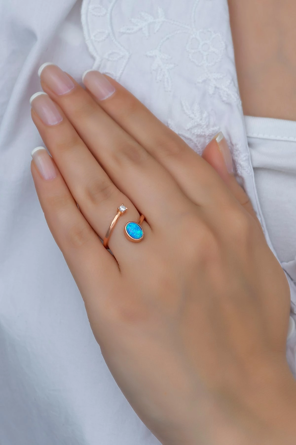 Unazë argjendi, Jumeon, NRZ99381, ngjyrë ari rozë, opal blu
